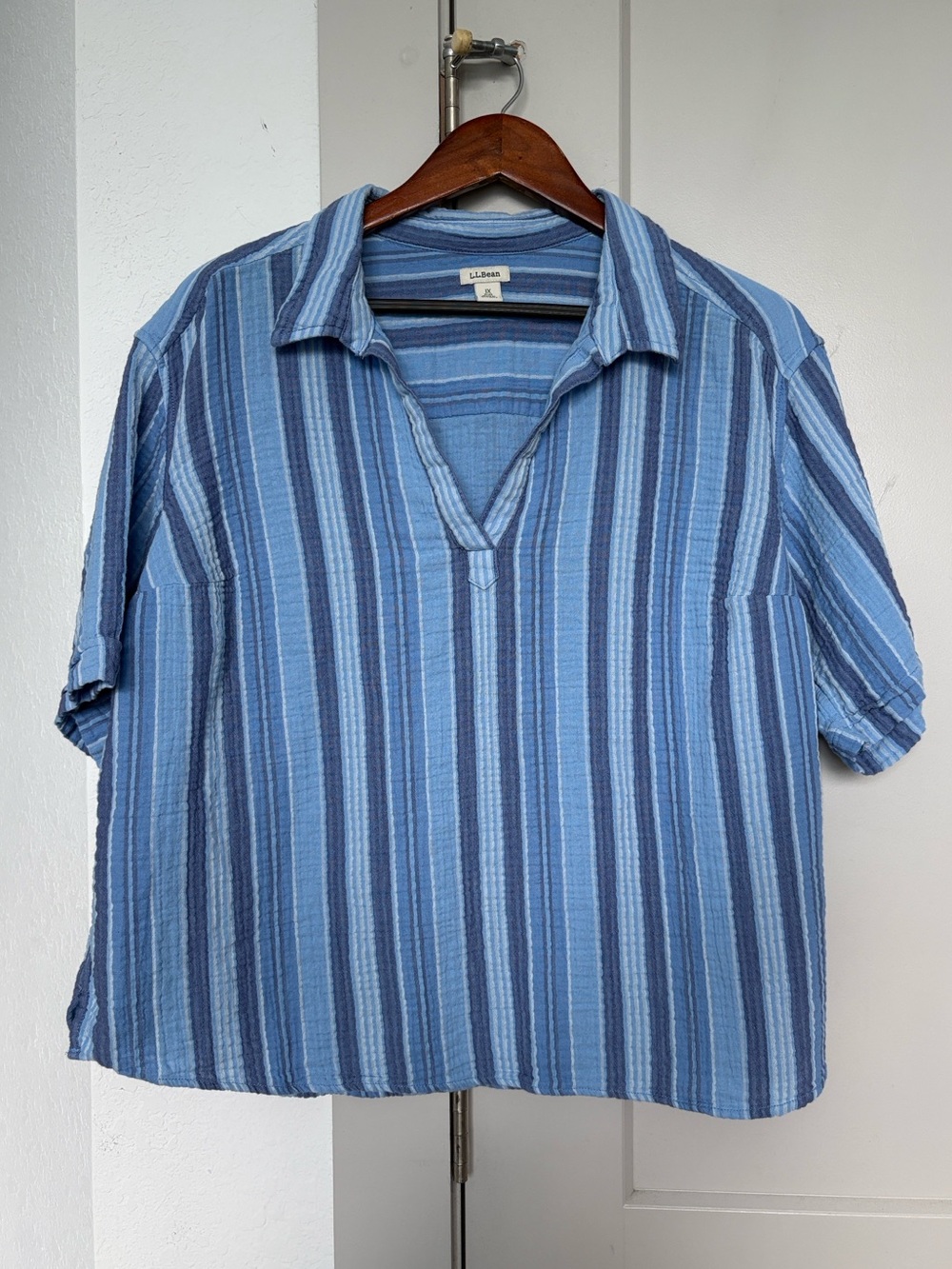 LL BEAN BLUE STRIPED COTTON GAUZE POPOVER VNECK COLLAR TOP WOMENS 1X
